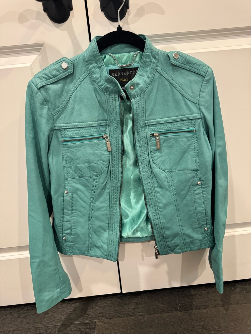 Bernardo Teal Leather Moto Jacket